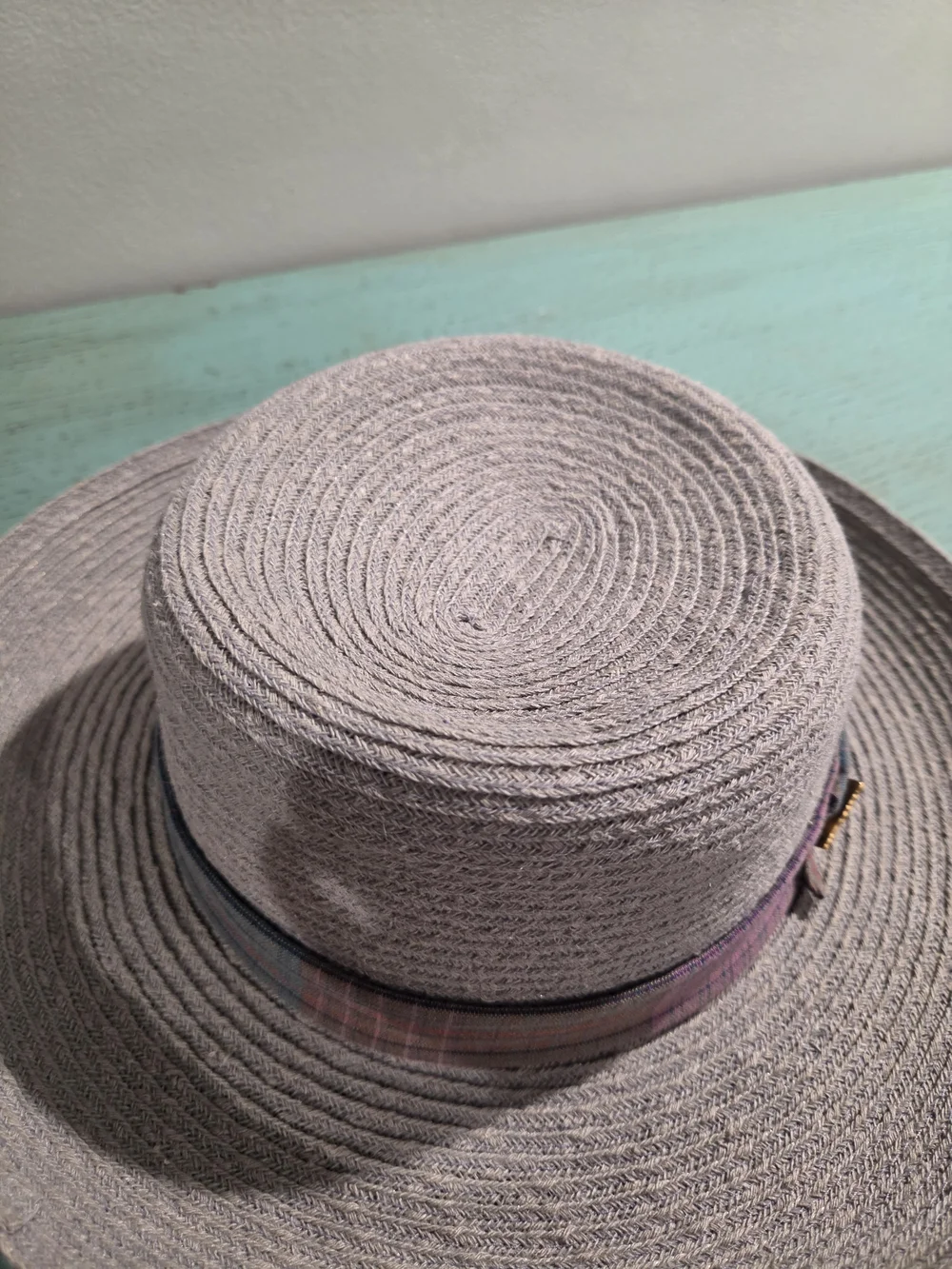 August Hats Gray Hemp Blend Plaid Band Boater Hat